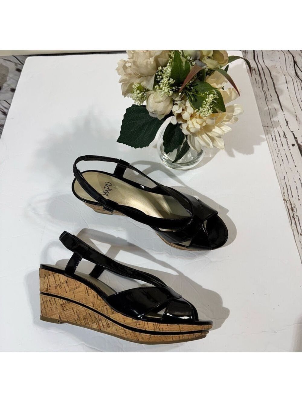 Impo Black Patent Grandeur Wedge Sandals 7M